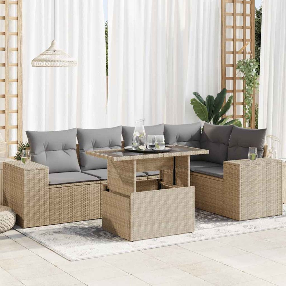 vidaXL Soffgrupp för trädgården med dynor 6 delar beige konstrotting