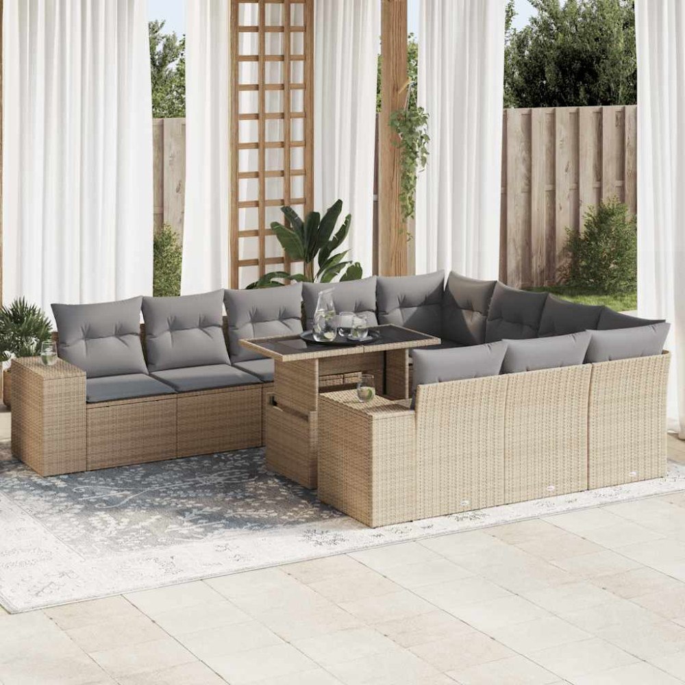 vidaXL Loungegrupp för trädgården m. dynor 11 delar beige konstrotting