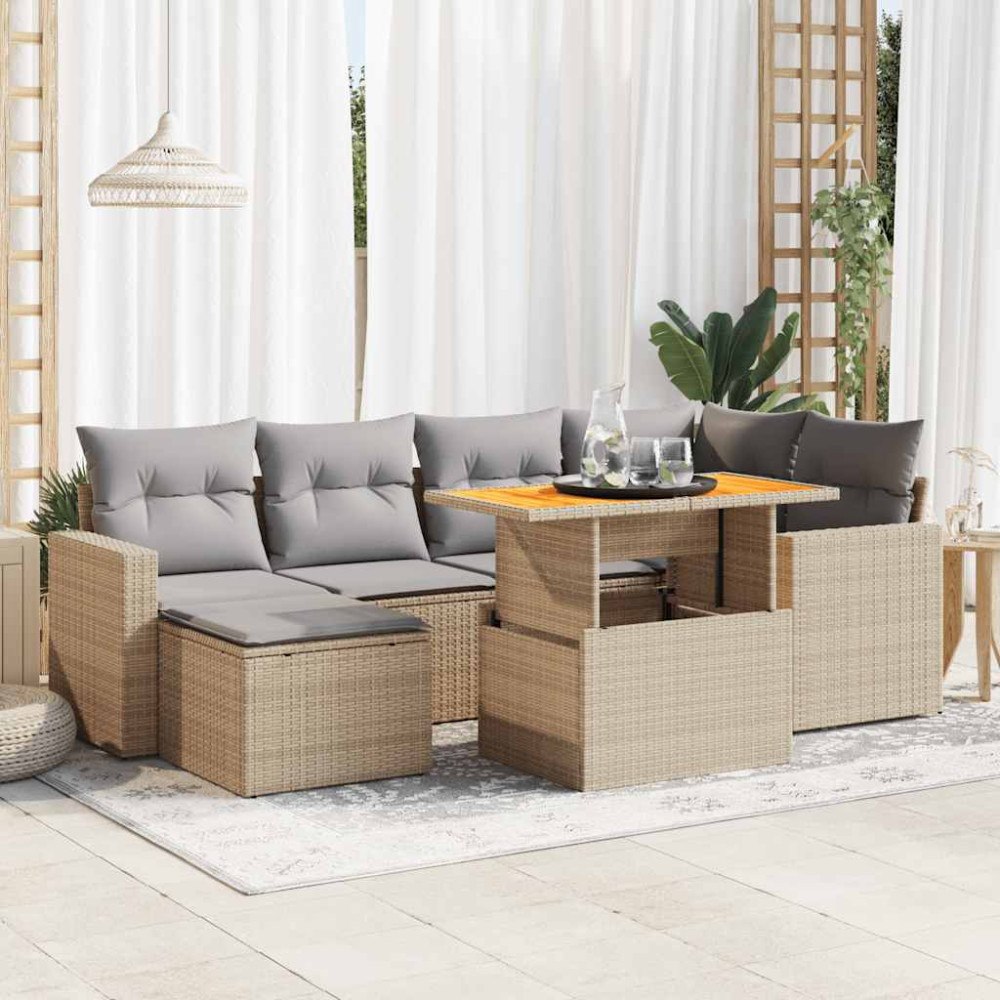 vidaXL Matgrupp för trädgården med dynor 7 delar beige konstrotting