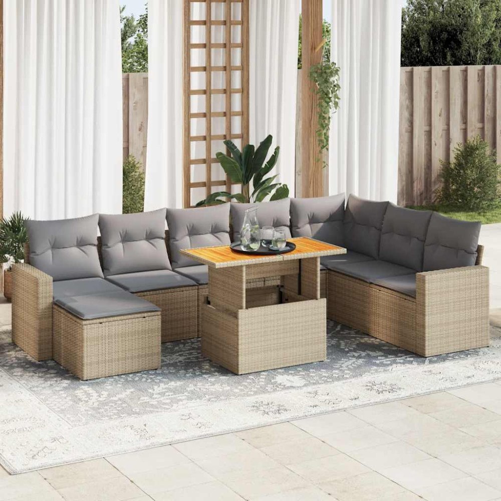 vidaXL Soffgrupp för trädgården med dynor 9 delar beige konstrotting