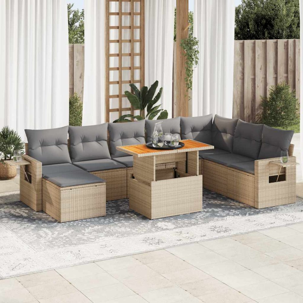 vidaXL Soffgrupp för trädgården med dynor 9 delar beige konstrotting