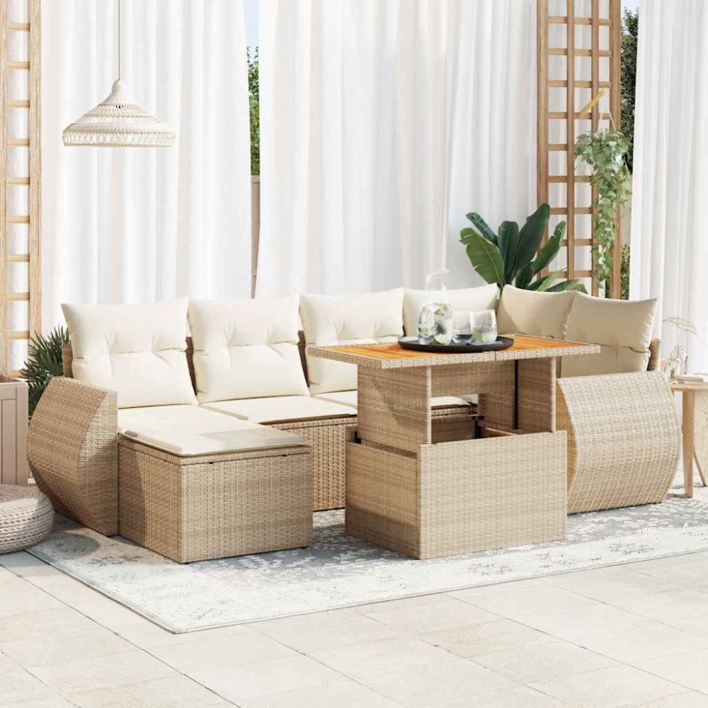vidaXL Matgrupp för trädgården med dynor 7 delar beige konstrotting