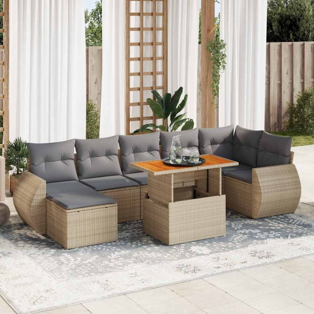 vidaXL Matgrupp för trädgården med dynor 8 delar beige konstrotting