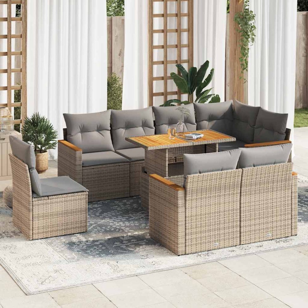 vidaXL Trädgårdssoffset med dynor 9 delar beige konstrotting akaciaträ