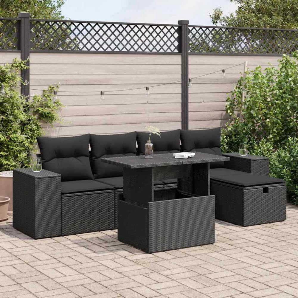 vidaXL Loungegrupp med dynor 6 delar svart konstrotting