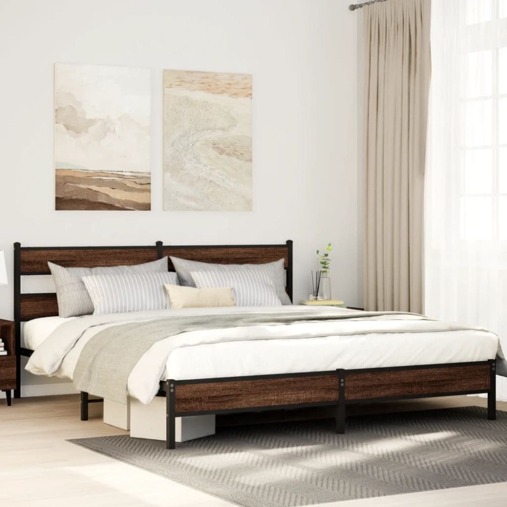vidaXL Sängram utan madrass metall brun ek 180x200 cm