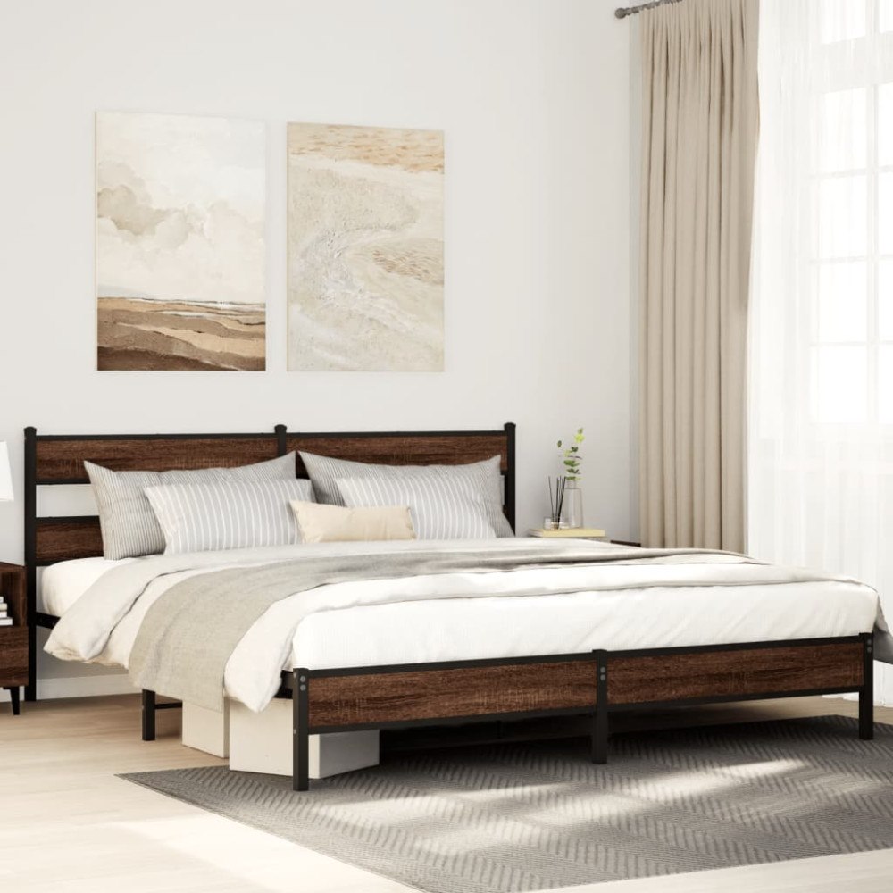 vidaXL Sängram utan madrass metall brun ek 183x213 cm