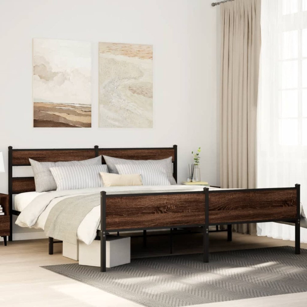 vidaXL Sängram utan madrass metall brun ek 180x200 cm