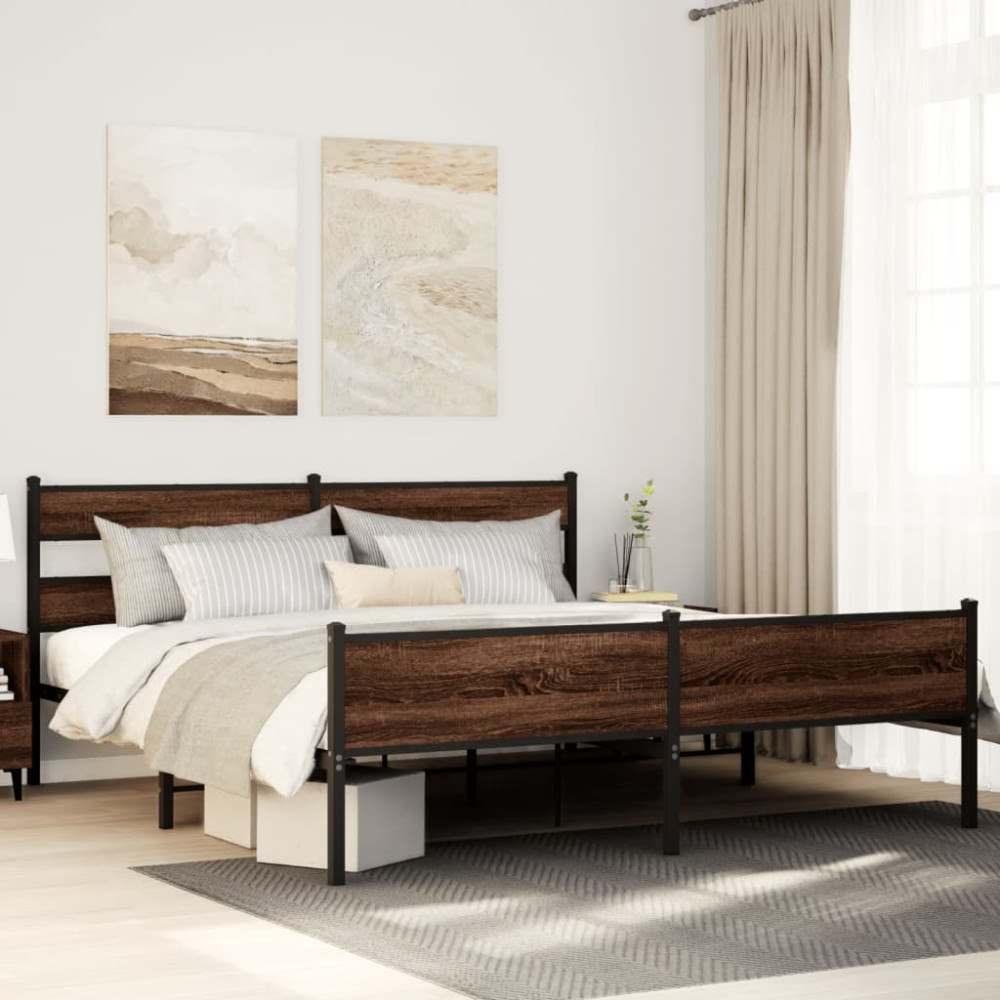vidaXL Sängram utan madrass metall brun ek 193x203 cm