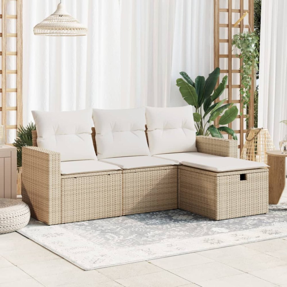 vidaXL Soffgrupp för trädgård med dynor 4 delar beige konstrotting