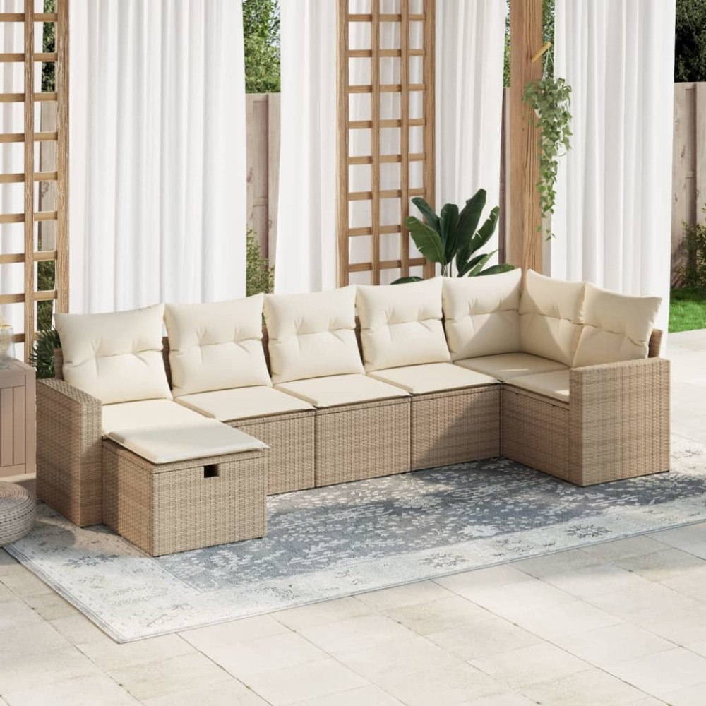 vidaXL Matgrupp för trädgården med dynor 7 delar beige konstrotting