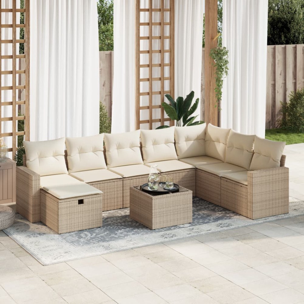 vidaXL Soffgrupp för trädgården med dynor 9 delar beige konstrotting