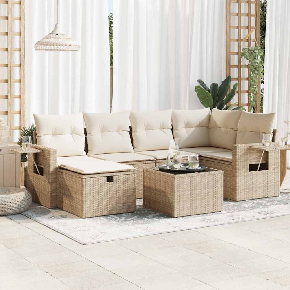 vidaXL Matgrupp för trädgården med dynor 7 delar beige konstrotting