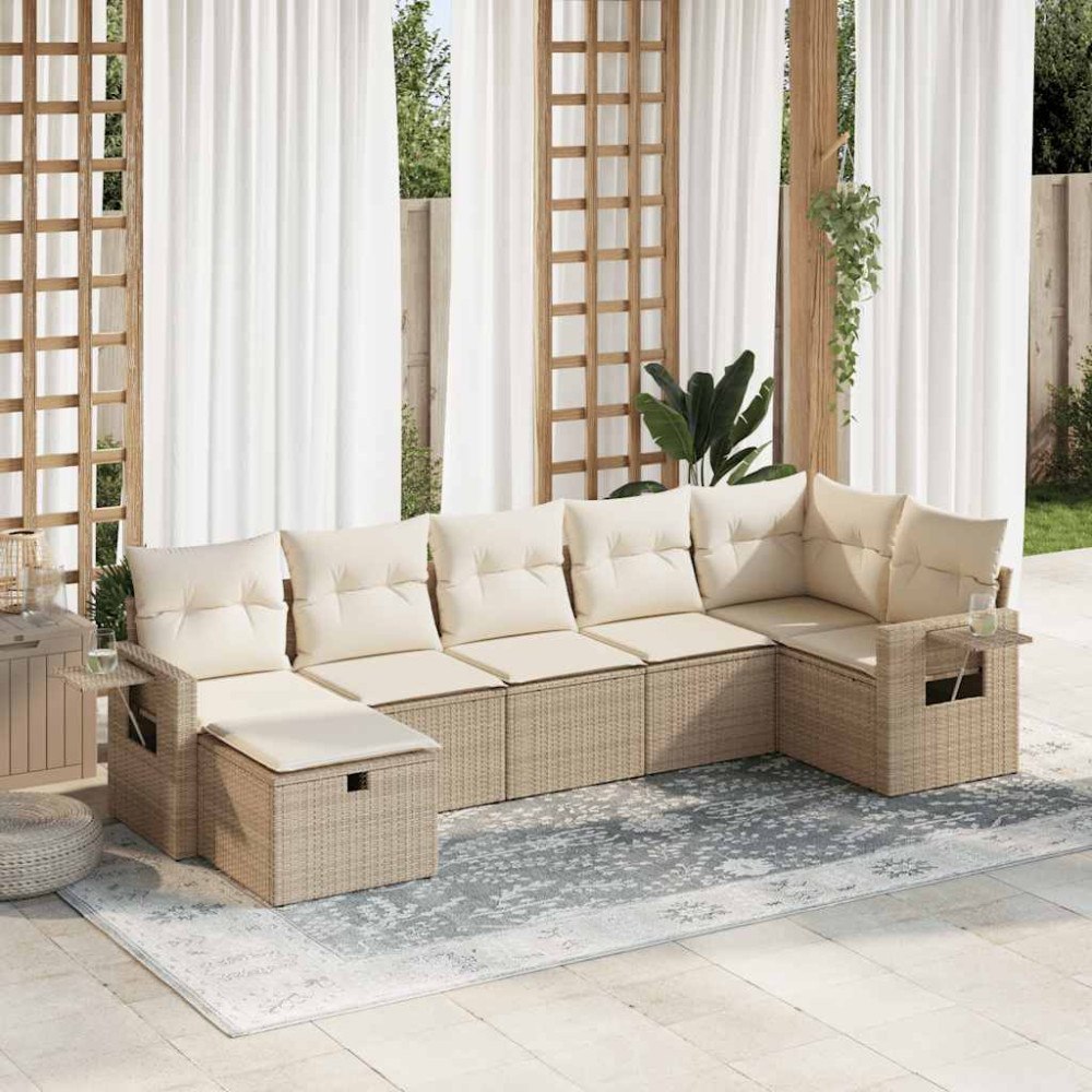 vidaXL Matgrupp för trädgården med dynor 7 delar beige konstrotting