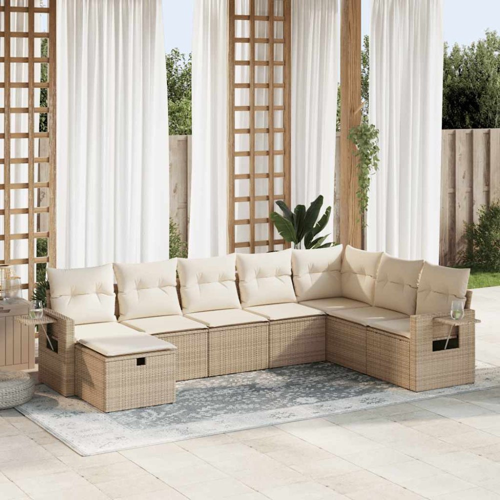 vidaXL Matgrupp för trädgården med dynor 8 delar beige konstrotting