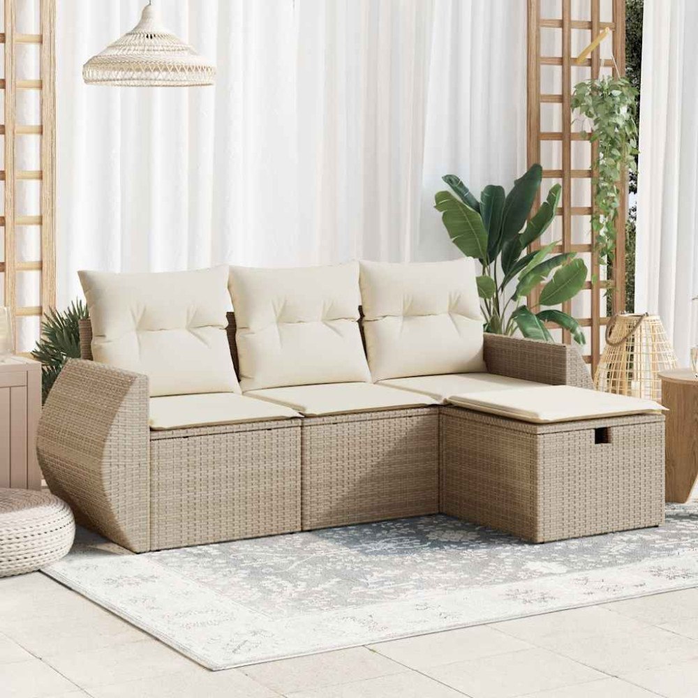 vidaXL Soffgrupp för trädgård med dynor 4 delar beige konstrotting
