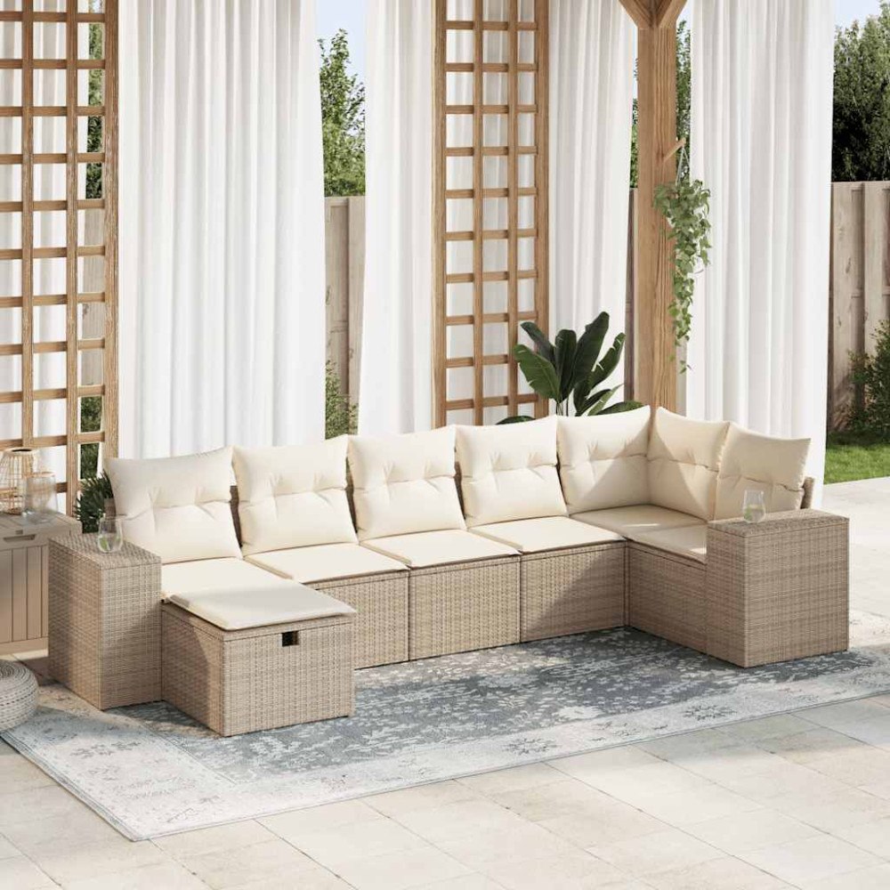 vidaXL Matgrupp för trädgården med dynor 7 delar beige konstrotting