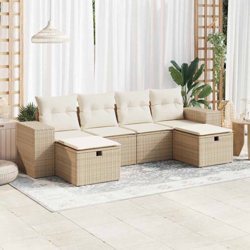 vidaXL Soffgrupp för trädgården med dynor 6 delar beige konstrotting
