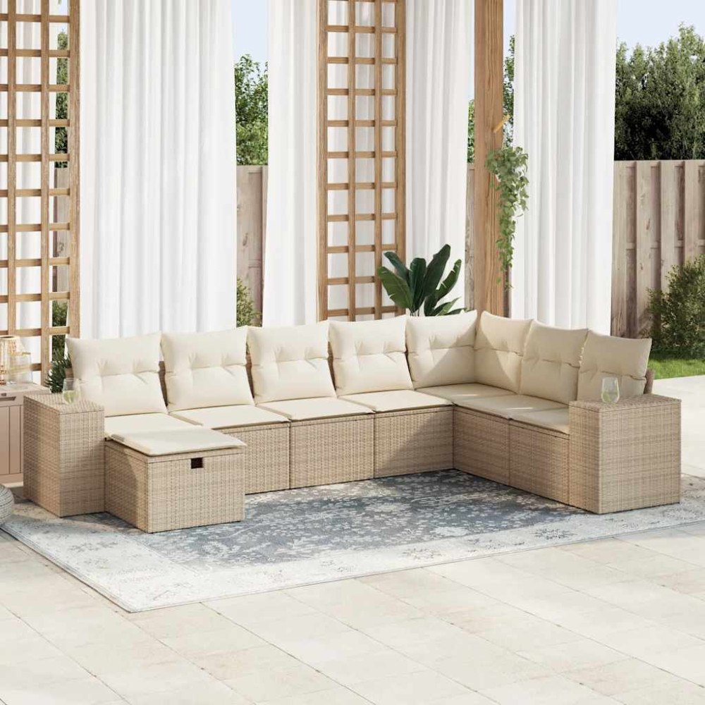 vidaXL Matgrupp för trädgården med dynor 8 delar beige konstrotting
