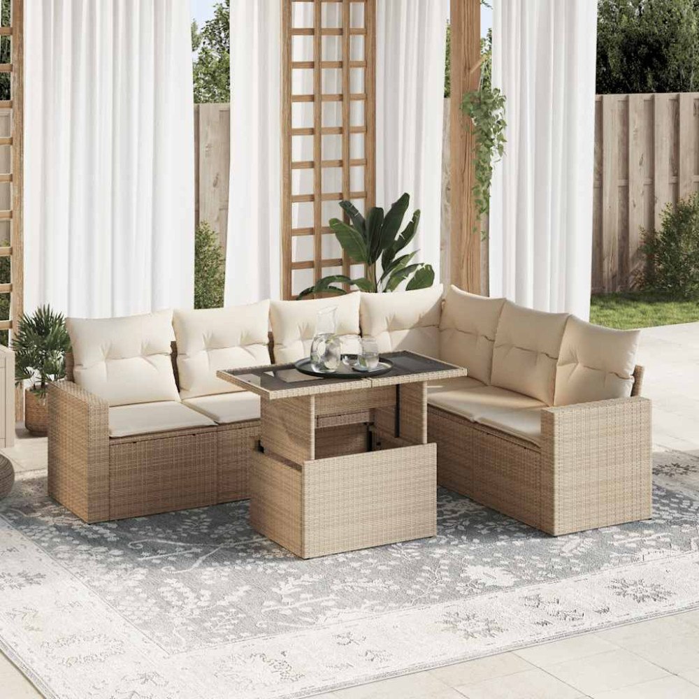 vidaXL Matgrupp för trädgården med dynor 7 delar beige konstrotting