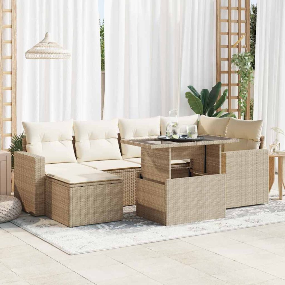 vidaXL Matgrupp för trädgården med dynor 7 delar beige konstrotting