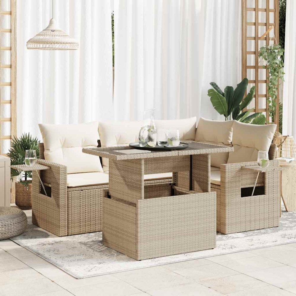 vidaXL Soffgrupp för trädgården med dynor 5 delar beige konstrotting