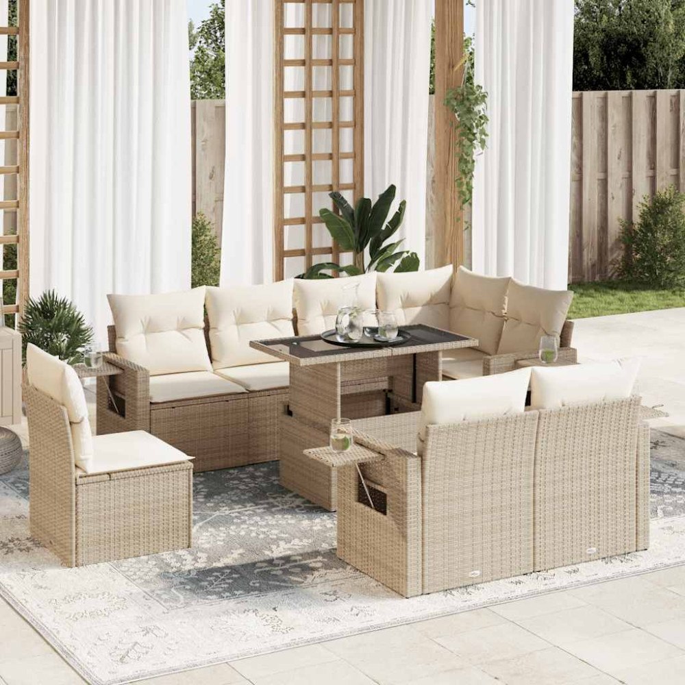 vidaXL Soffgrupp för trädgården med dynor 9 delar beige konstrotting