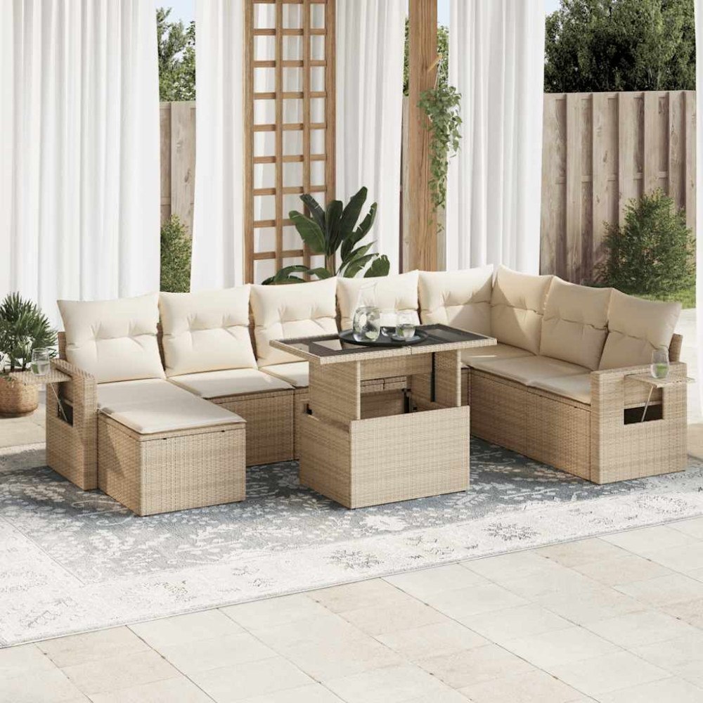 vidaXL Soffgrupp för trädgården med dynor 9 delar beige konstrotting
