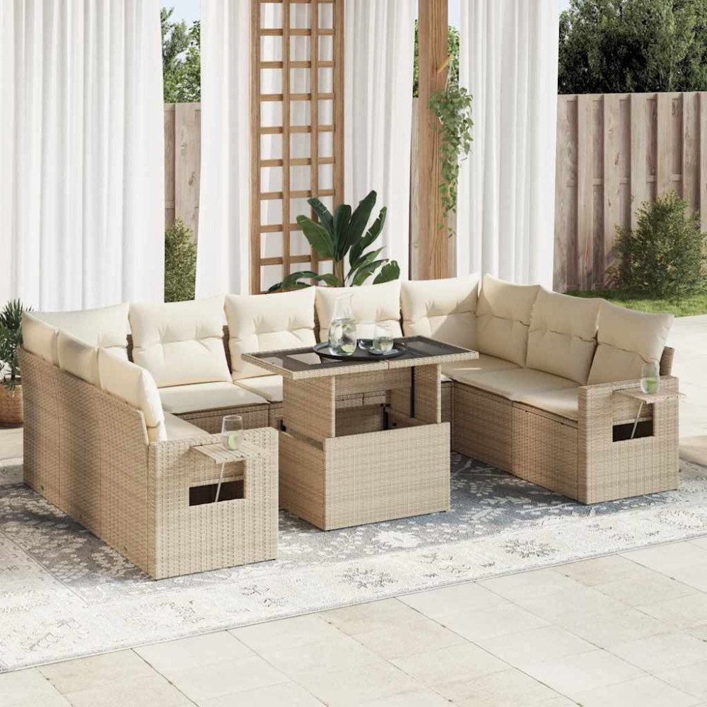 vidaXL Soffgrupp för trädgård med dynor 10 delar beige konstrotting