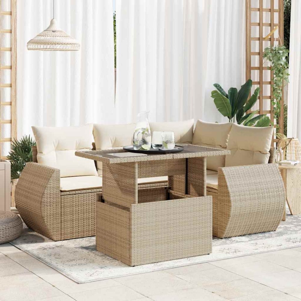 vidaXL Soffgrupp för trädgården med dynor 5 delar beige konstrotting