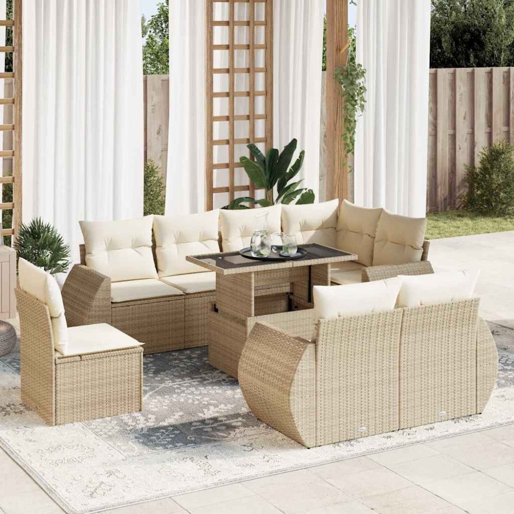 vidaXL Soffgrupp för trädgården med dynor 9 delar beige konstrotting