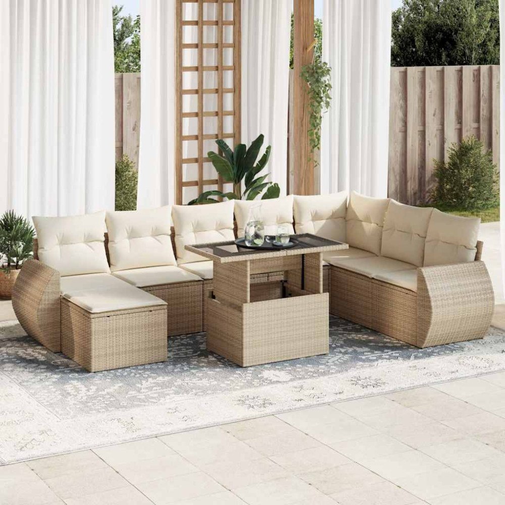 vidaXL Soffgrupp för trädgården med dynor 9 delar beige konstrotting