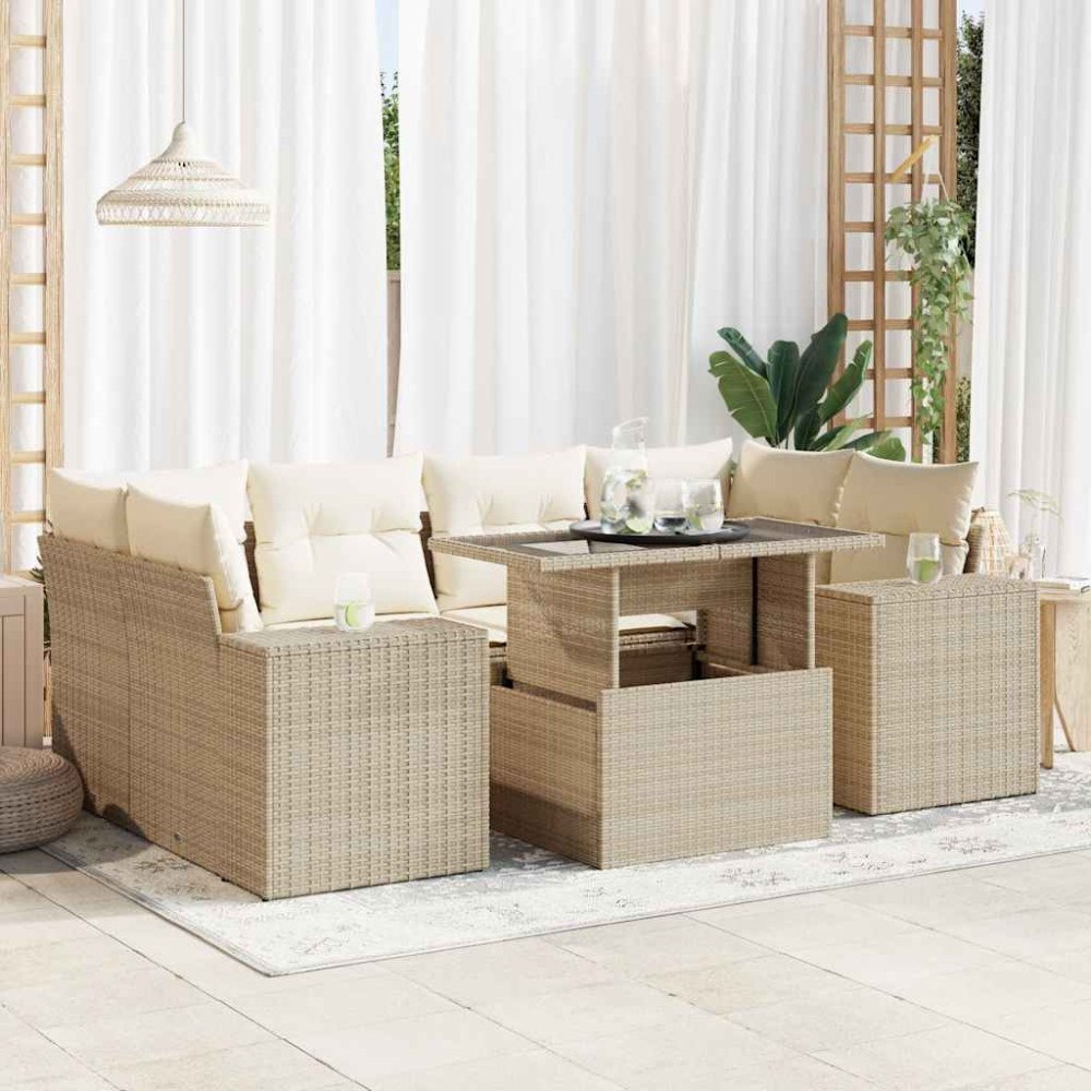 vidaXL Matgrupp för trädgården med dynor 7 delar beige konstrotting