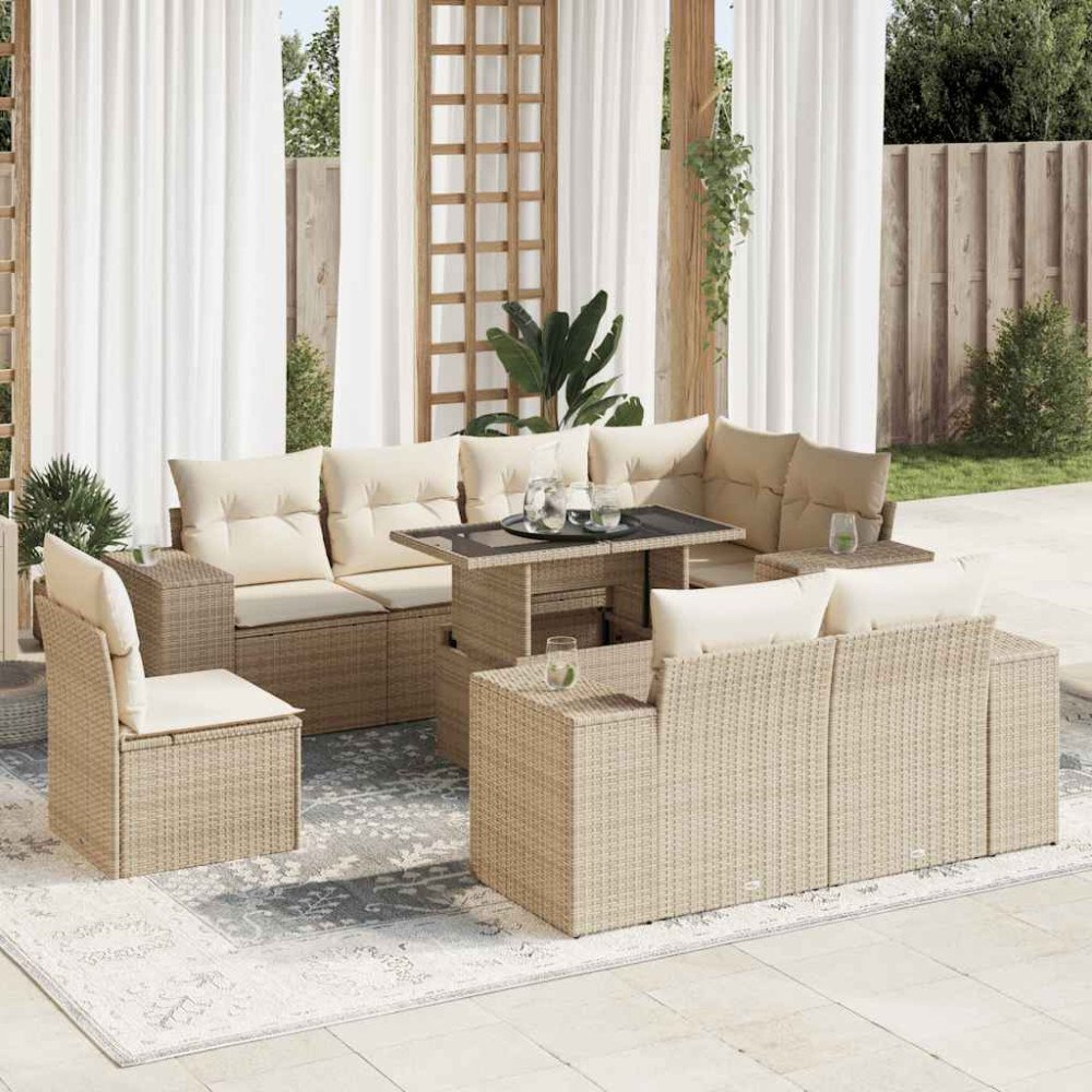 vidaXL Soffgrupp för trädgården med dynor 9 delar beige konstrotting