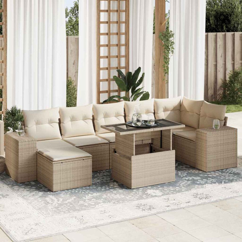 vidaXL Matgrupp för trädgården med dynor 8 delar beige konstrotting