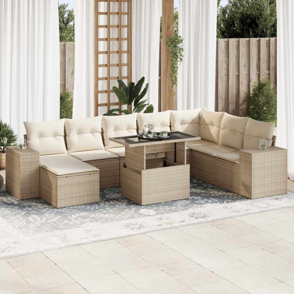 vidaXL Soffgrupp för trädgården med dynor 9 delar beige konstrotting
