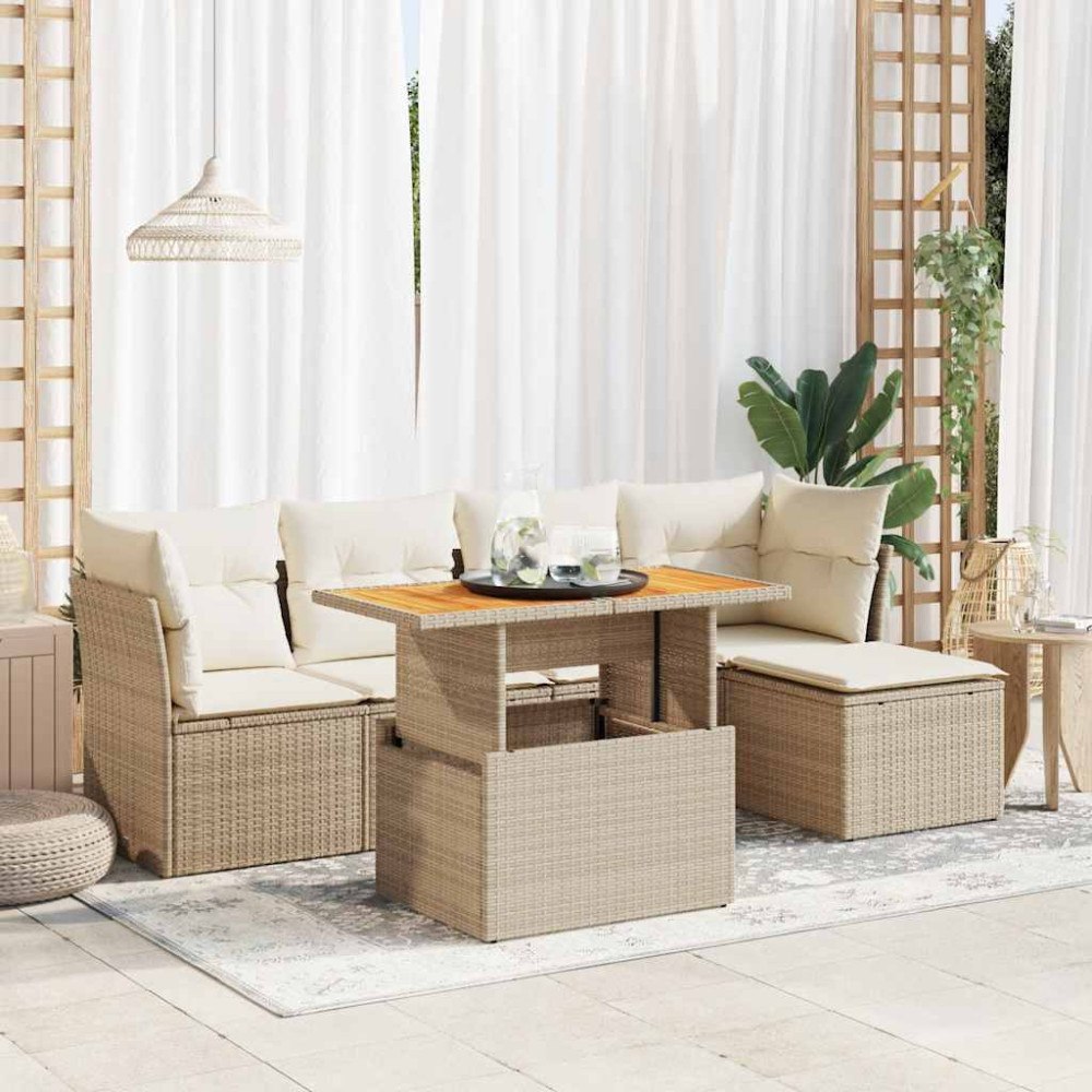 vidaXL Soffgrupp för trädgården med dynor 6 delar beige konstrotting