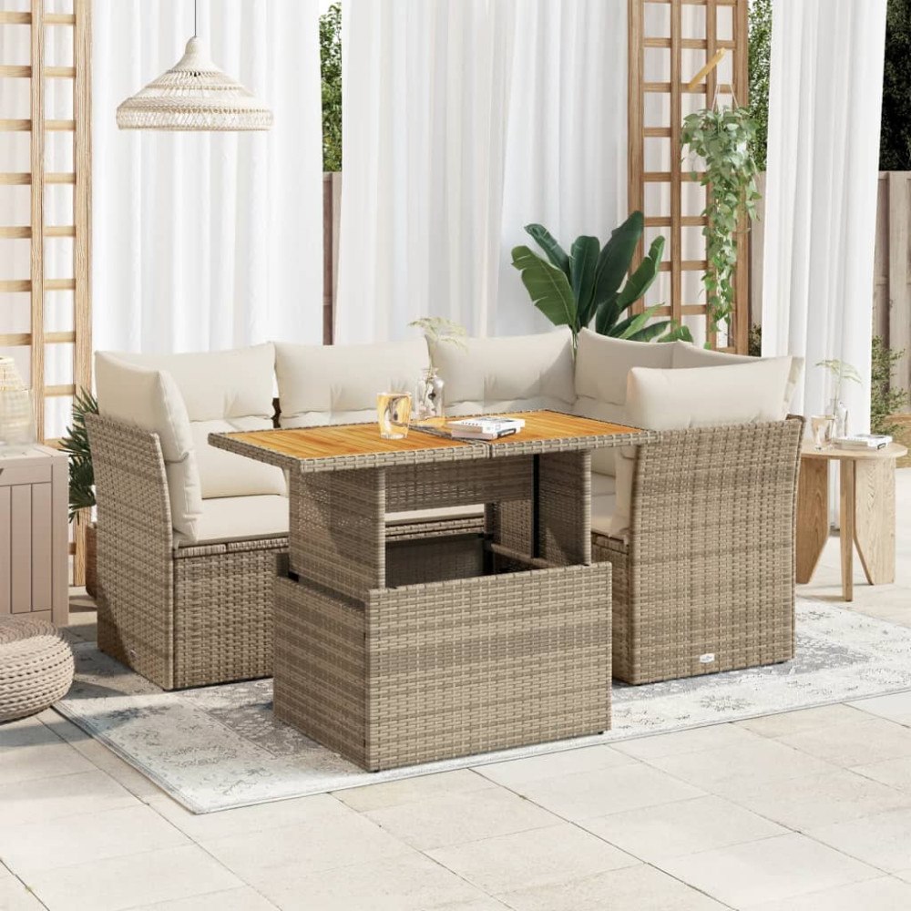 vidaXL Soffgrupp för trädgården med dynor 5 delar beige konstrotting
