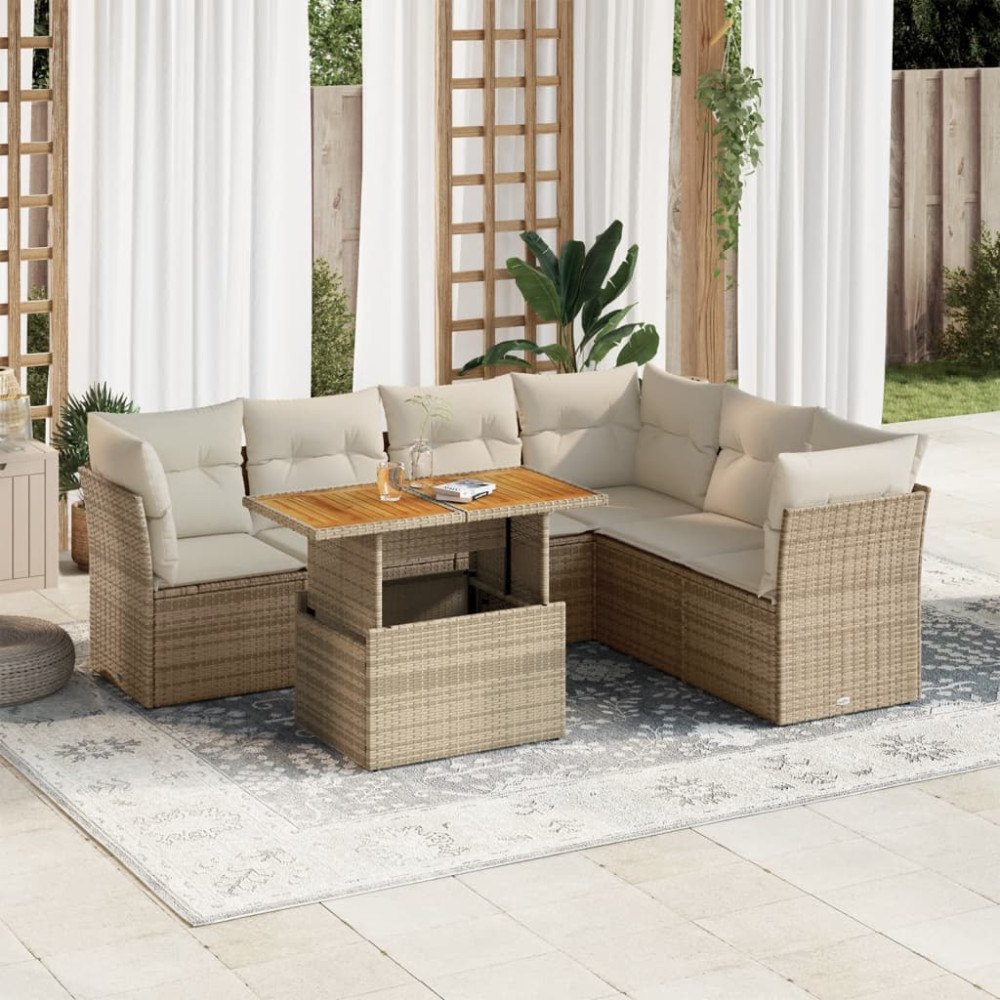 vidaXL Matgrupp för trädgården med dynor 7 delar beige konstrotting