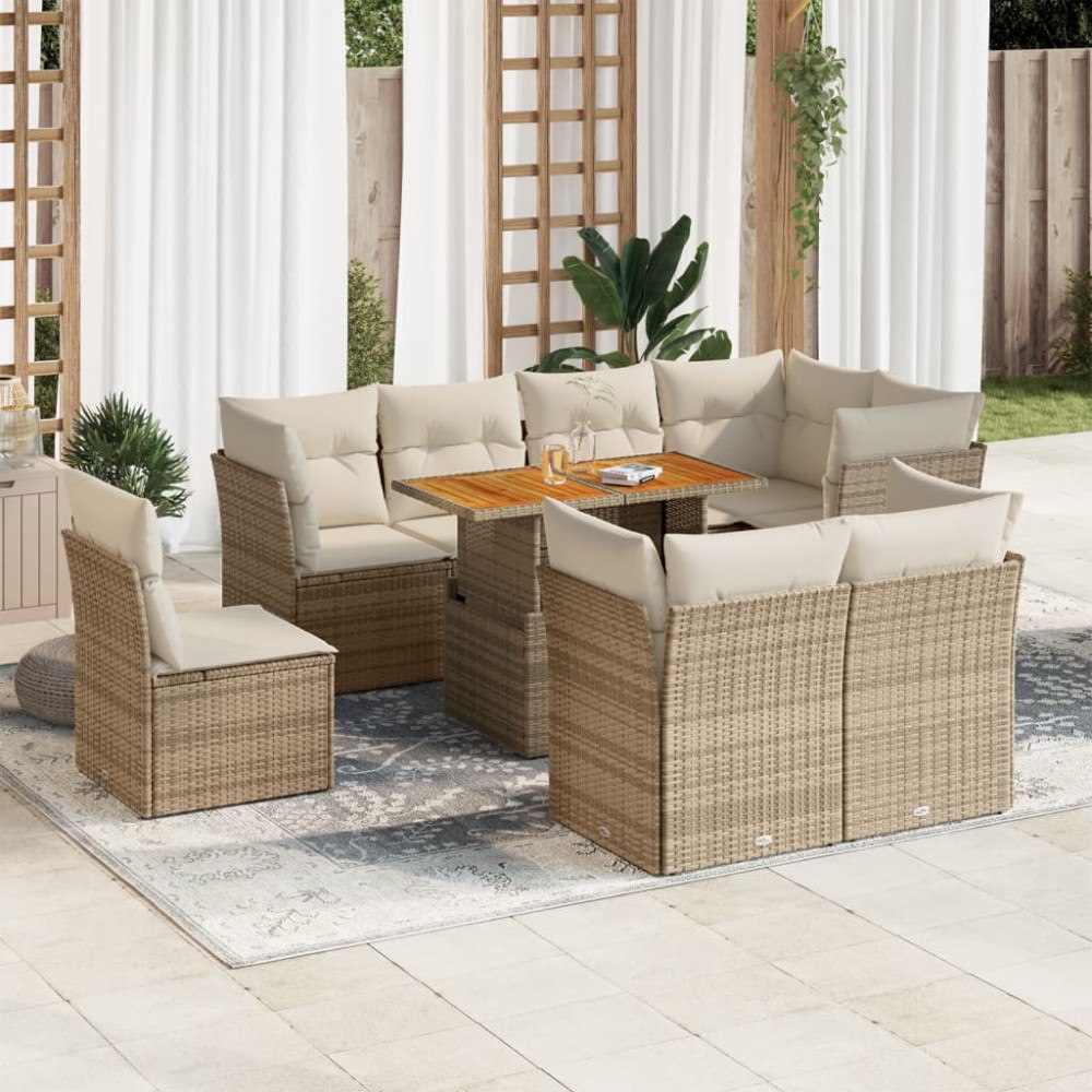 vidaXL Soffgrupp för trädgården med dynor 9 delar beige konstrotting