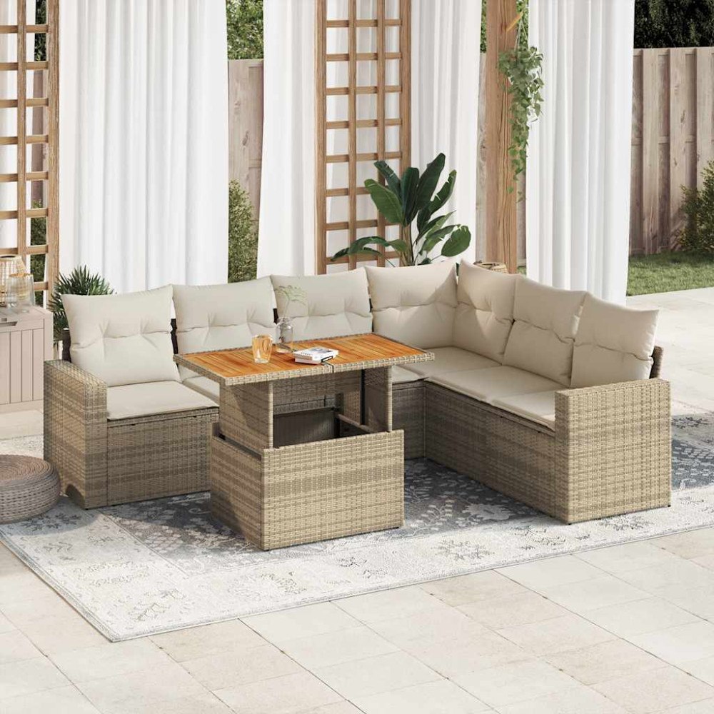 vidaXL Matgrupp för trädgården med dynor 7 delar beige konstrotting