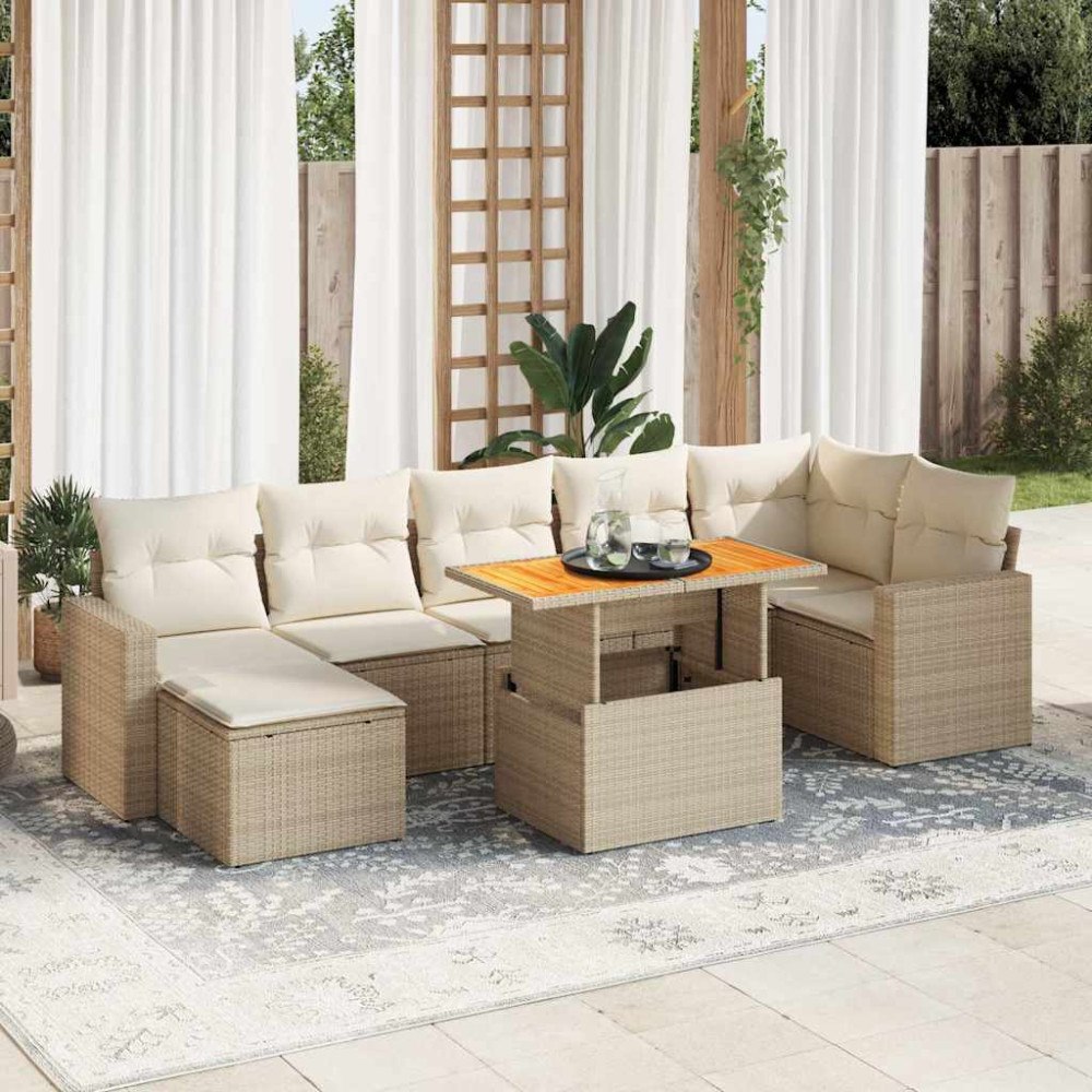 vidaXL Matgrupp för trädgården med dynor 8 delar beige konstrotting