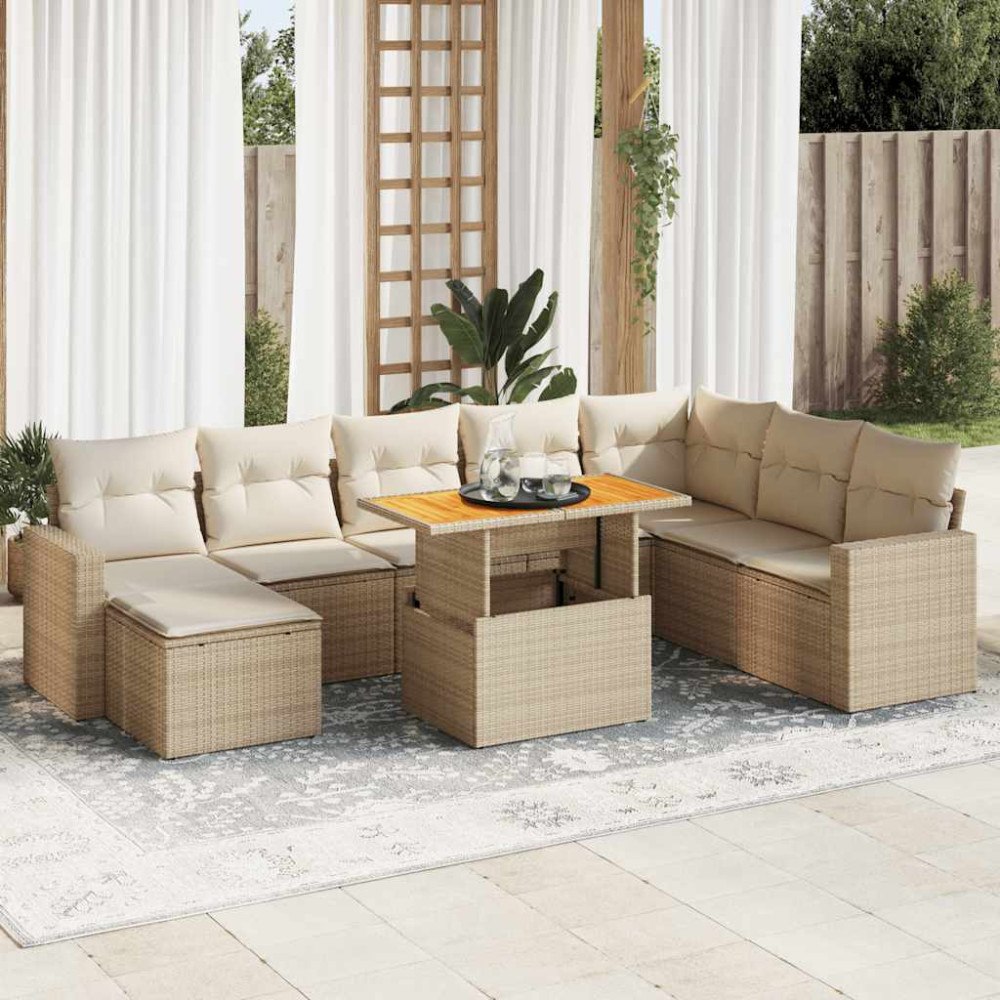 vidaXL Soffgrupp för trädgården med dynor 9 delar beige konstrotting