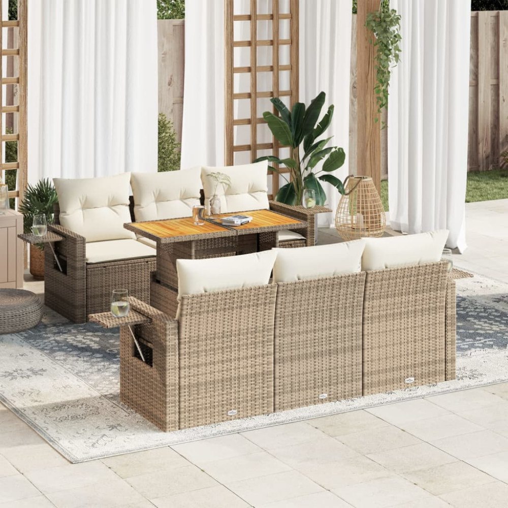 vidaXL Matgrupp för trädgården med dynor 7 delar beige konstrotting
