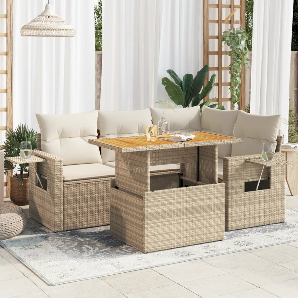 vidaXL Soffgrupp för trädgården med dynor 5 delar beige konstrotting