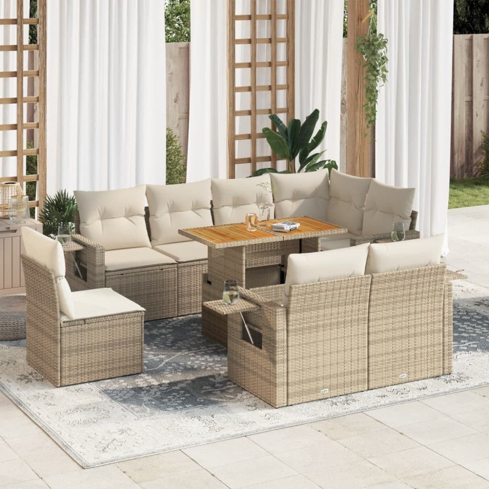 vidaXL Soffgrupp för trädgården med dynor 9 delar beige konstrotting