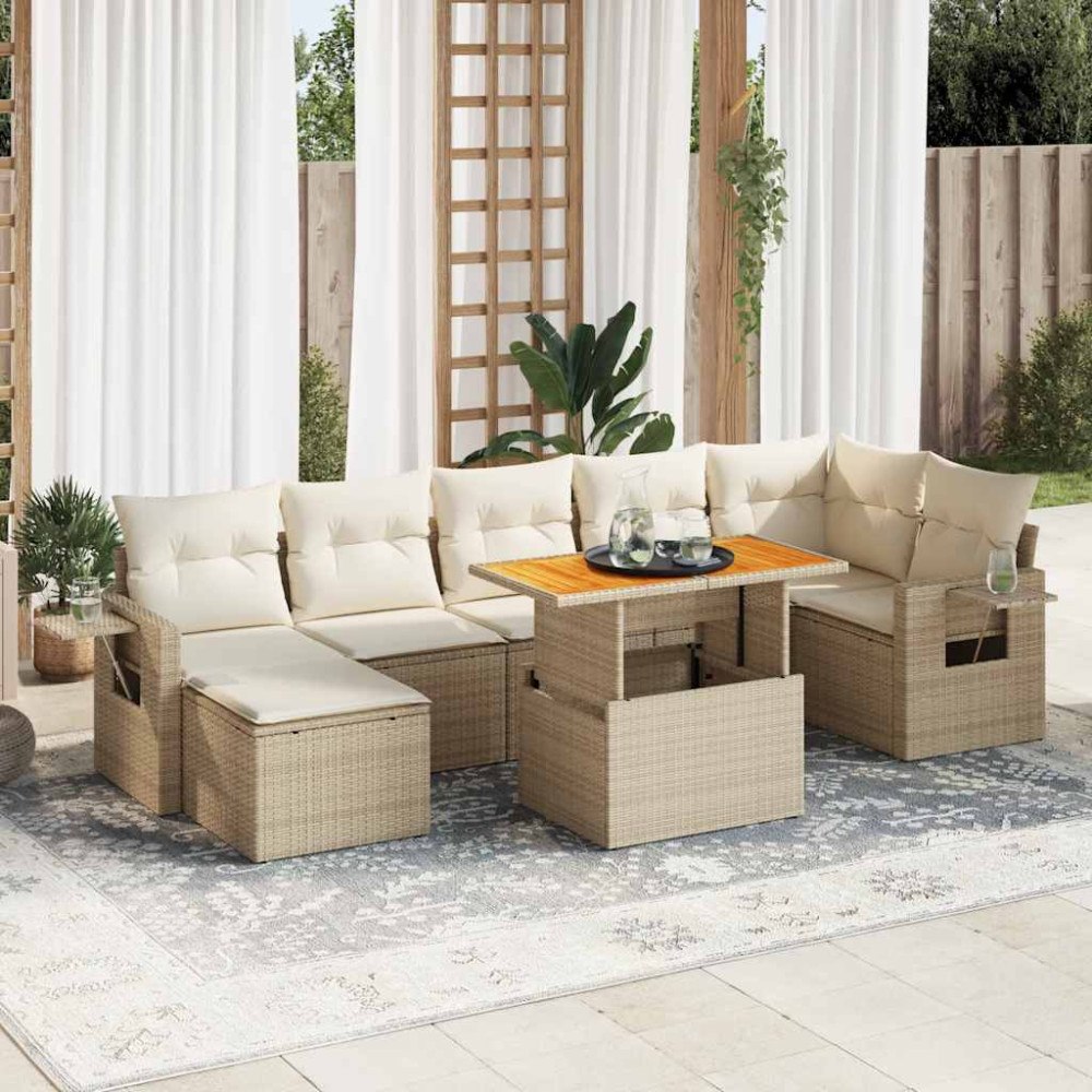vidaXL Matgrupp för trädgården med dynor 8 delar beige konstrotting