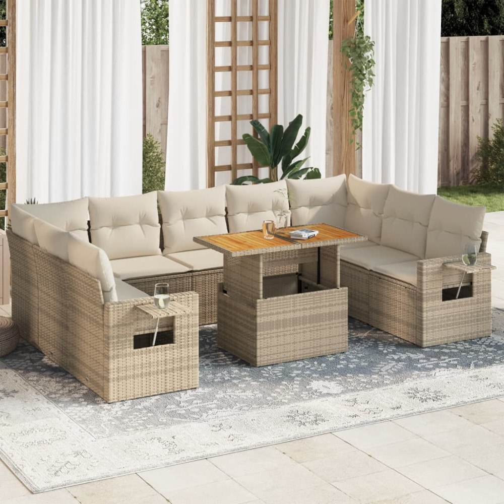 vidaXL Soffgrupp för trädgård med dynor 10 delar beige konstrotting