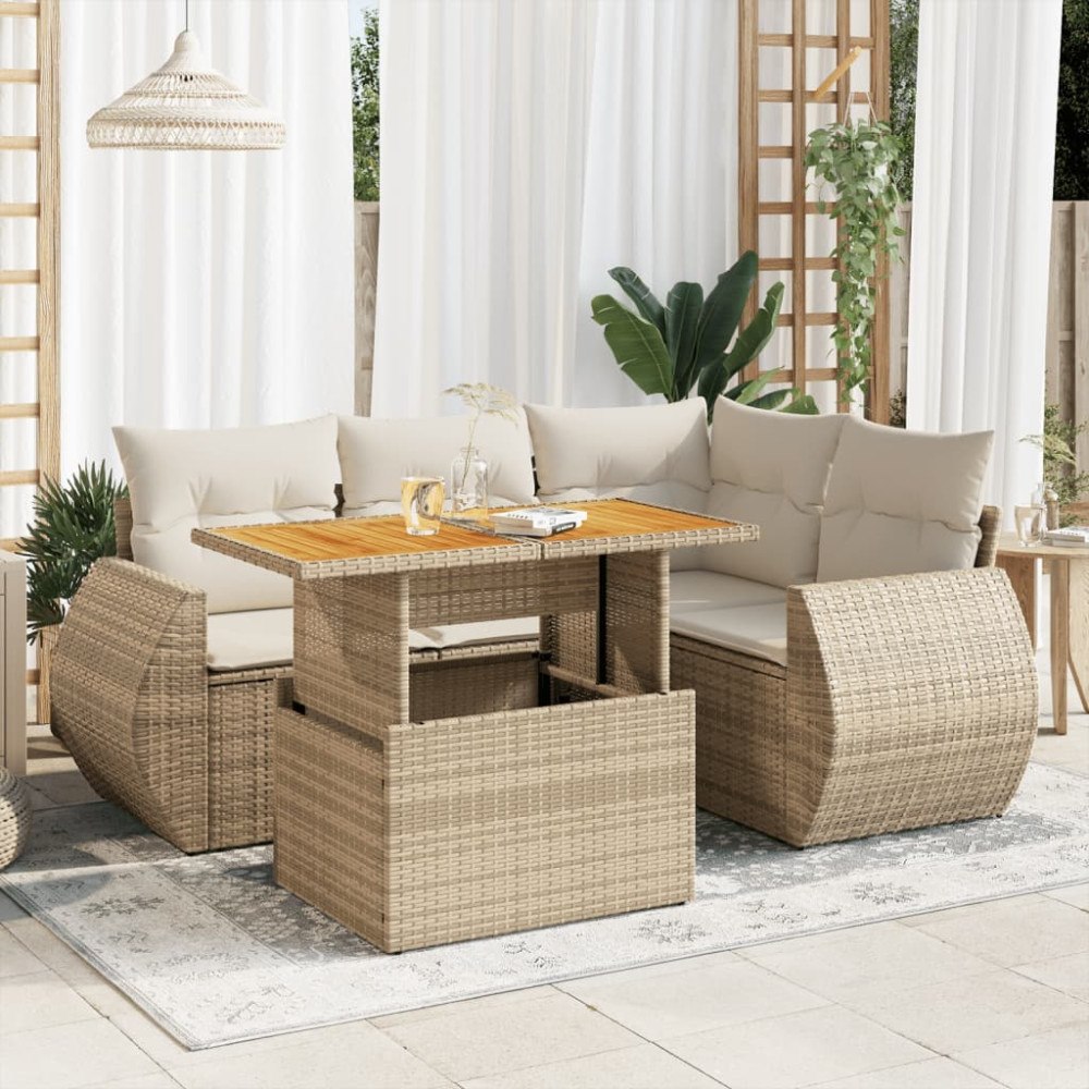 vidaXL Soffgrupp för trädgården med dynor 5 delar beige konstrotting