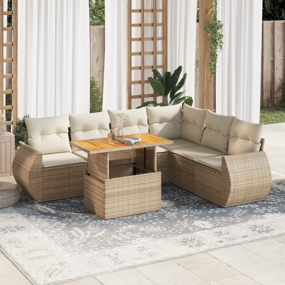 vidaXL Matgrupp för trädgården med dynor 7 delar beige konstrotting